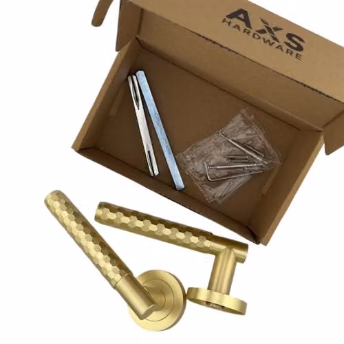 AXS Hardware Montana Internal Door Handles on Rose, Satin Brass Bathroom Door Pack for Wooden Doors with Concealed Fix – 2