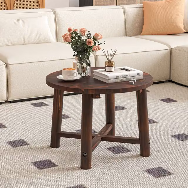 Costway Rustic Brown Lacquered Pine Wood Patio End Table