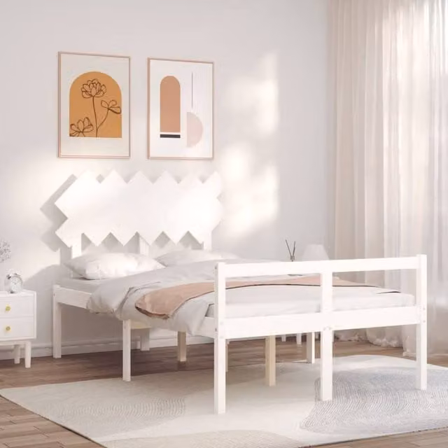 Berkfield Home Small Double Bed Frame with Headboard in White Solid Pine Wood, W/D/H: 120 x 200 cm