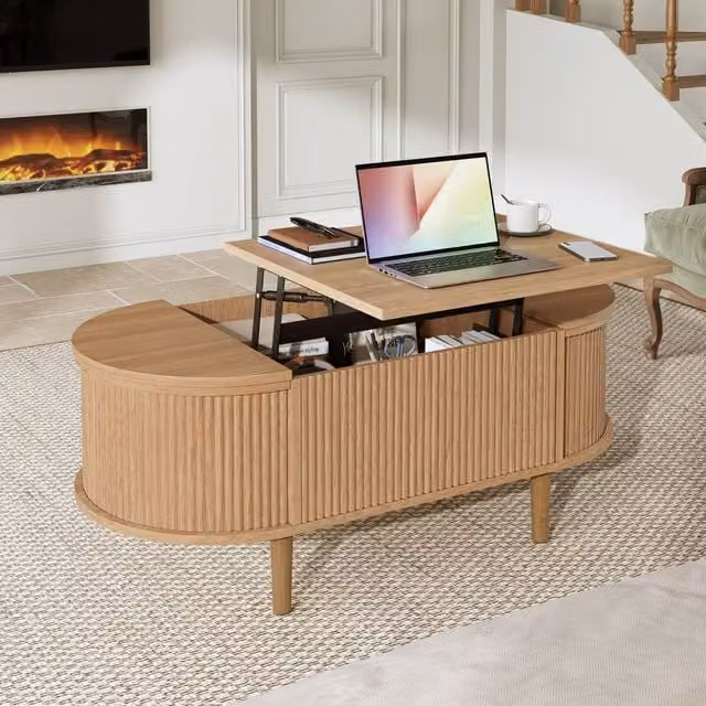 Rolipo Vintage Style Oval Adjustable Coffee Table with Storage and Wood Legs in Brown – 1