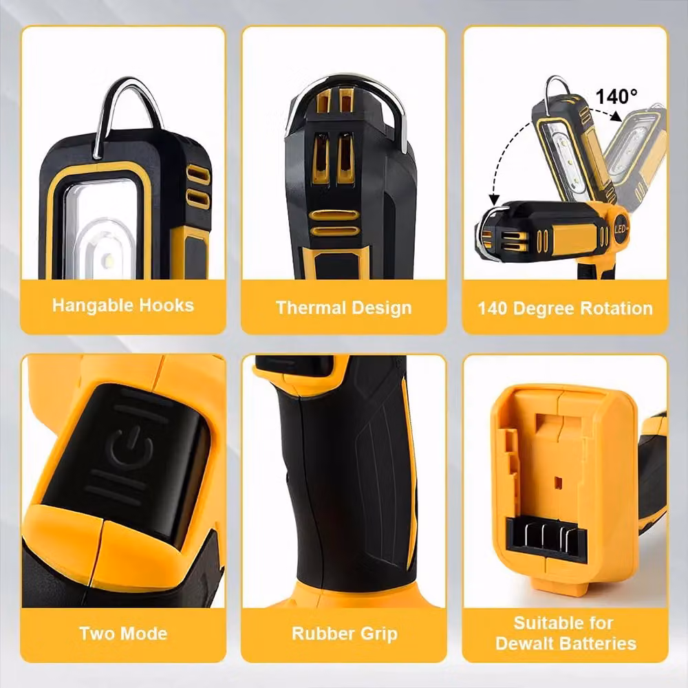 Hinsinc 140 Degree Rotating Handheld LED Work Light, Cordless Yellow Torch for Dewalt 18V 20V Batteries – 7
