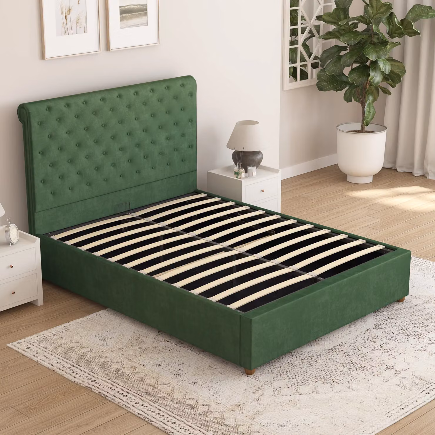 Aspire Taylor Ottoman Storage Bed Frame in Green Plush Velvet Fabric, Double (W: 140 cm, L: 200 cm) – 3