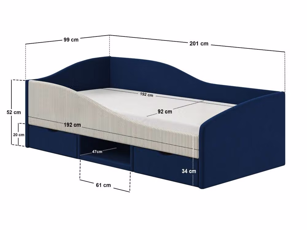Flair Aubrey Velvet Storage Low Sleeper Bed in Blue with Beige Cord, Single W/D/H: 90 x 200 cm – 4