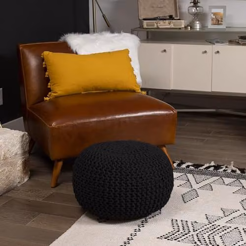 Snug City Black Chunky Knitted Cotton Round Pouffe Ottoman Footstool W/D/H: 50 x 50 x 30 cm – 5