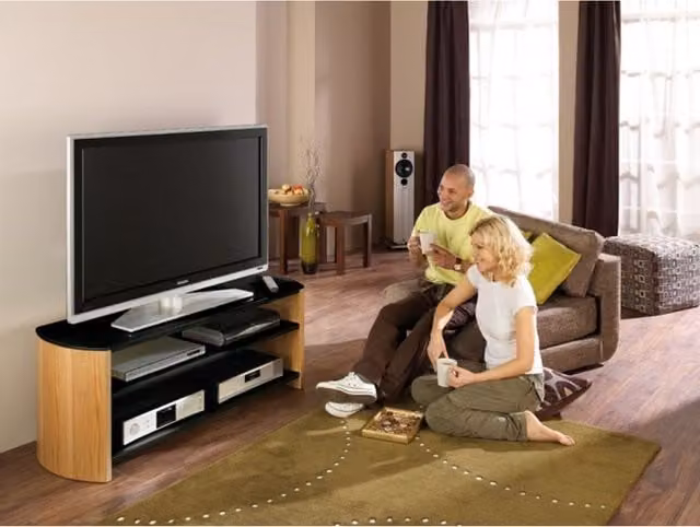 Dorel Home Finewoods 1100 Modern Living Room Media Unit in Light Oak and Black Glass