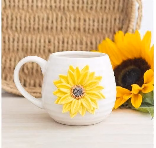 KDMD Hello Sunshine White Ceramic Rounded Mug with 3D Sunflower Floral Design