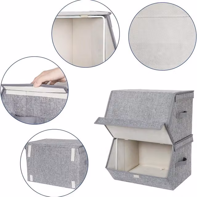 SONGMICS Set of 2 Stackable Fabric Storage Boxes with Lids and Handles, Grey