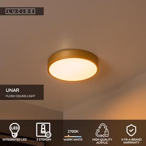 Lucide UNAR Dimmable LED Flush Ceiling Light, Gold/Brass, Diameter: 30 cm – 2