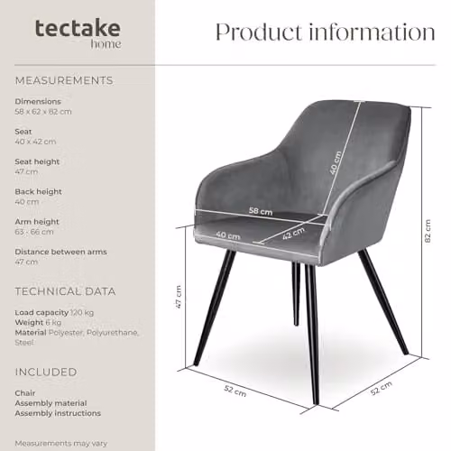 tectake Marilyn Dining Chair with Armrests in Grey and Black Velvet Look – 3