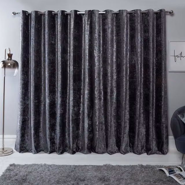 Sienna Grey Crushed Velvet Eyelet Curtains, Thermal Insulating and Fully Lined, Pair