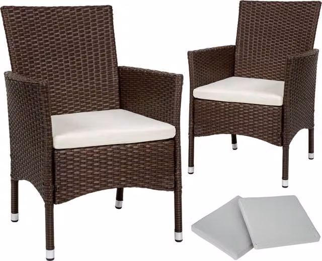 tectake 2 Polyrattan Garden Chairs with Cushions and 4 UV-Resistant Polyester Covers, Brown/Beige