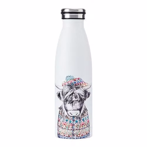 Mikasa Tipperleyhill Highland Cow Double-Walled Stainless Steel Vacuum-Insulated Water Bottle, 500ml, White/Multicolour