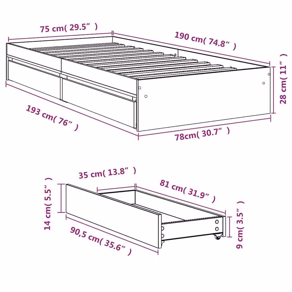 Berkfield Home Small Single Bed Frame with Drawers, Black, W/D/H: 75 x 190 x 28 cm – 6