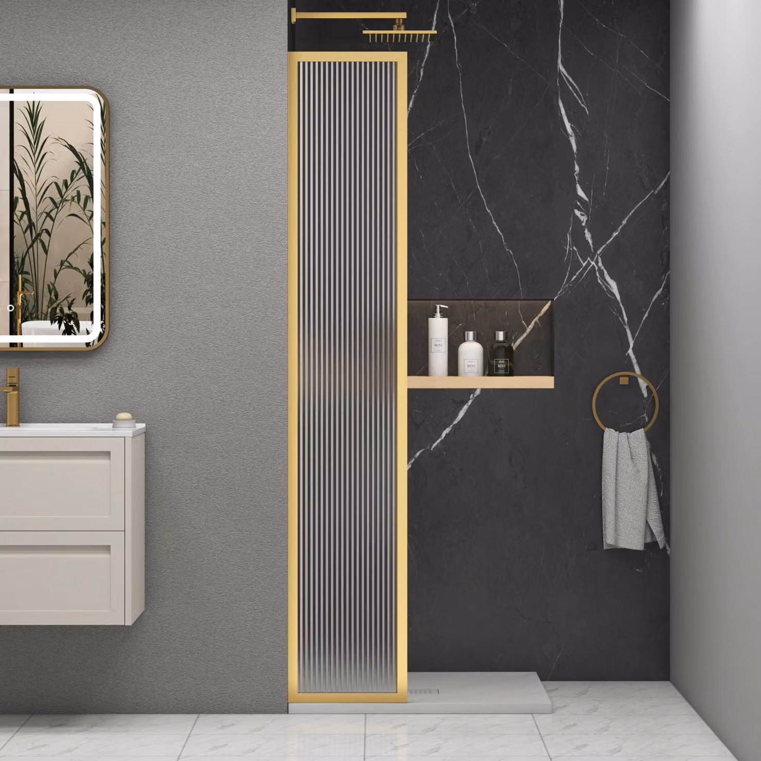 Luxor Fixed Walk-In Wet Room Fluted Shower Screen with Brushed Brass Frame, Gold, W: 30 cm, H: 195 cm, D: 30 cm, 8mm Easy Clean Glass