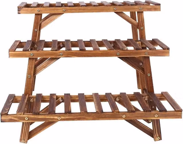 NESTLUNE 3 Tier Solid Pine Wood Ladder Plant Stand in Brown, W: 80 cm x H: 100 cm
