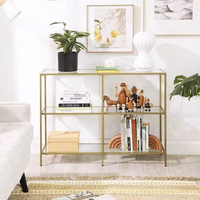 VASAGLE 3-Tier Modern Rectangular Console Table with Tempered Glass, Gold