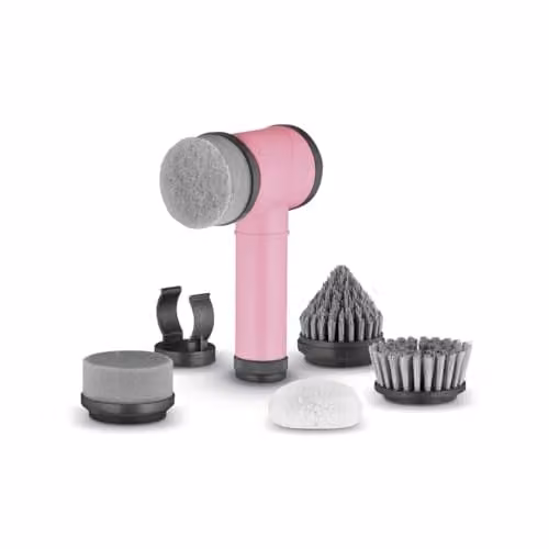 Swan x Lynsey TV Queen of Clean 5-in-1 Cordless Spin Scrubber with 5 Cleaning Heads and Wall Holder, Rechargeable Waterproof Scrubbing Brush for Showers, Hobs and Tiles, Pink, SWFC1003QOCN – 1