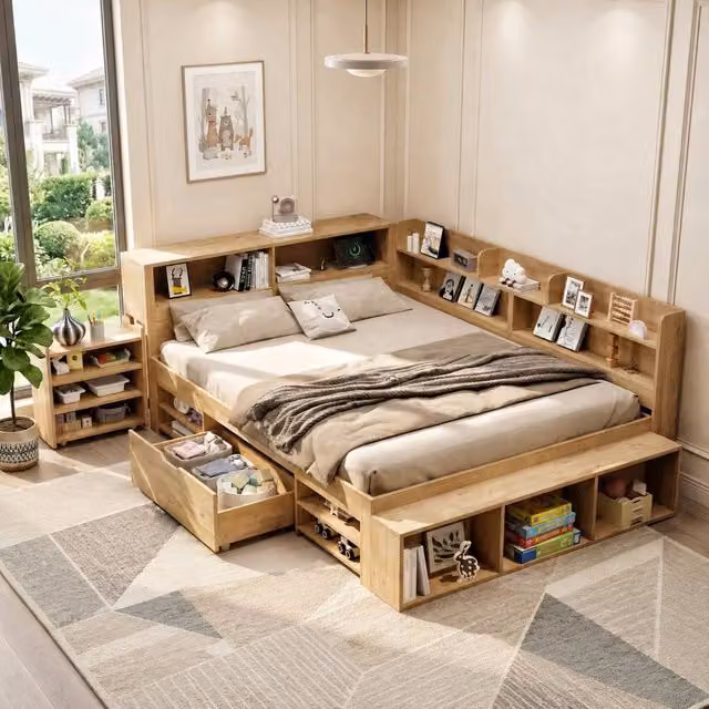 Rolipo Multifunctional 4ft6 Double Kids Bed with Storage Drawers, Natural Wood Finish, W/D/H: 140 x 200 cm – 1