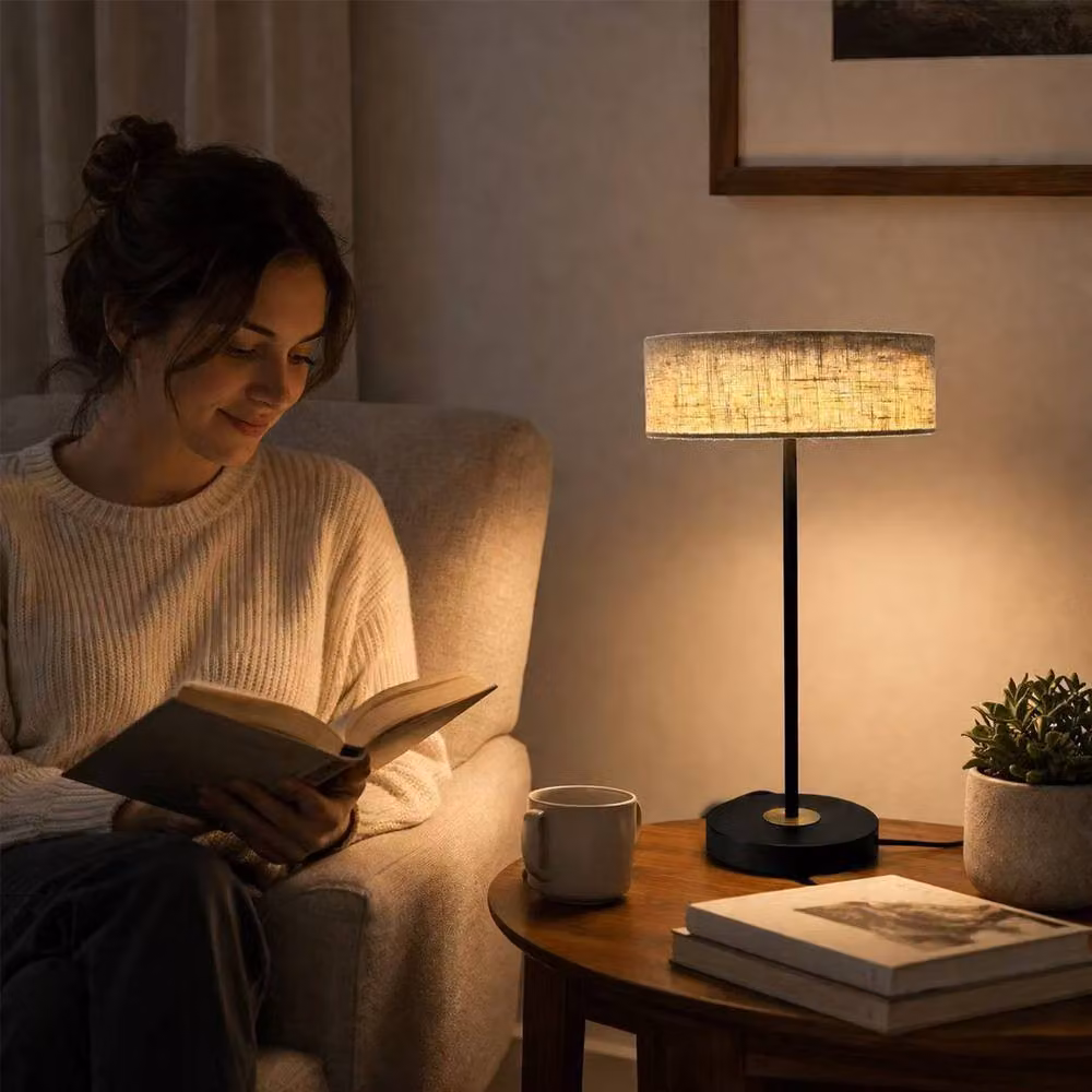Kairui Lighting Modern LED Table Lamp with Beige Linen Shade, Black, Height: 46 cm – 2