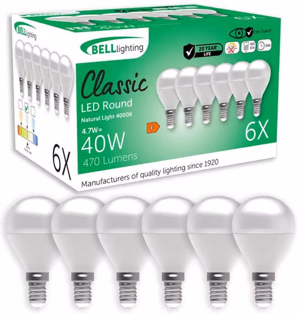 BELL Lighting E14 LED Golf Ball Bulb, Cool White, 4.7W, Pack of 6