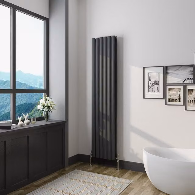 AicaBathroom Vertical Oval Column Double Steel Radiator in Black, H: 160 cm, W: 35.4 cm