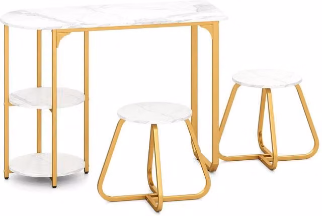 Costway Modern Kitchen Table and 2 Bar Stools Set with 2 Serving Tiers in White – 1