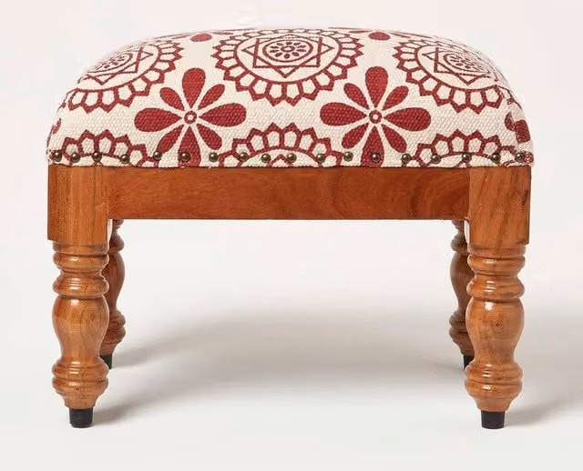 Homescapes Cassia Red Geometric Fabric Footstool, W/D/H: 50 x 30 x 40 cm