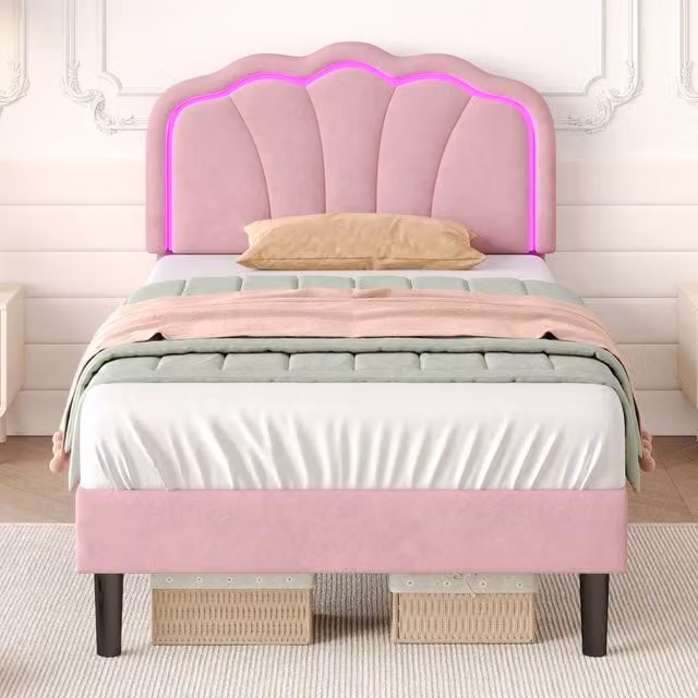 Merax Velvet Shell Shaped Single Bed in Pink with LED Under-Bed Lighting and Adjustable Headboard, W/D/H: 90 x 190 cm – 1