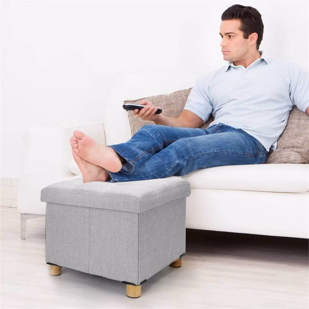 VOGREX Light Grey Folding Storage Stool Ottoman Padded Fabric Cube, W/D/H: 38 x 32 x 38 cm – 3
