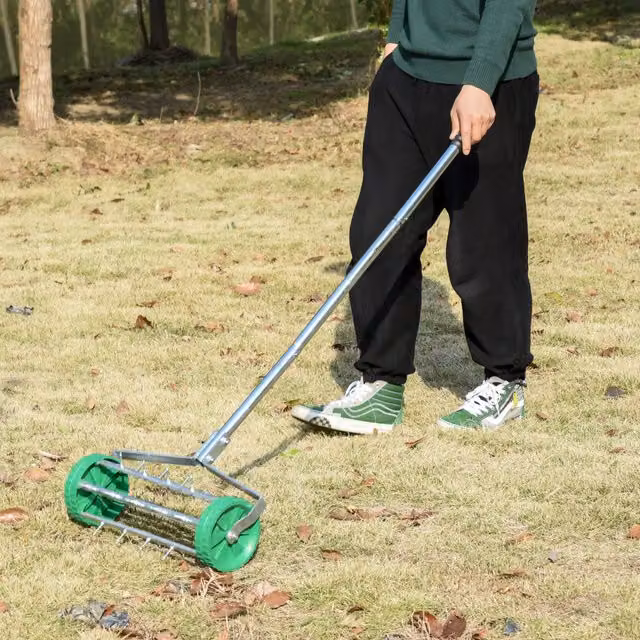 Outsunny Manual Garden Rolling Lawn Aerator in Green and Silver – 1