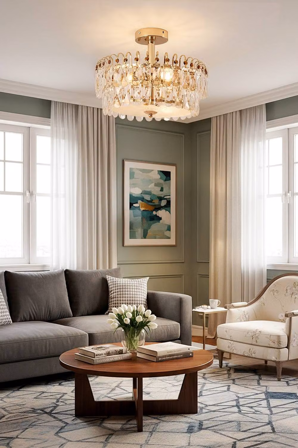 Living and Home Semi Flush Mount Crystal Ceiling Light in Gold and Transparent – 2