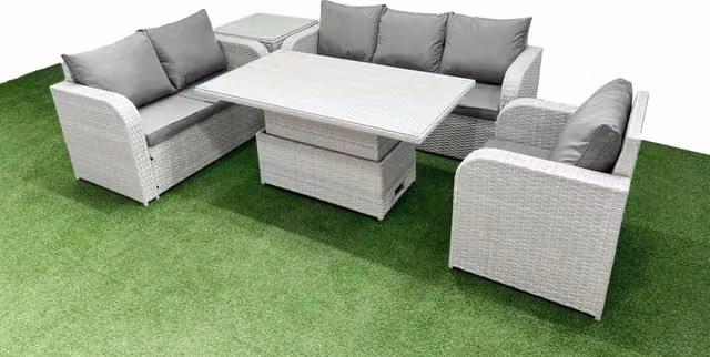 Fimous Patio 6 Seater Grey Rattan Outdoor Furniture Set with Adjustable Lifting Table, 3 Seater Sofa, 2 Seater Sofa, Armchair and Coffee Table