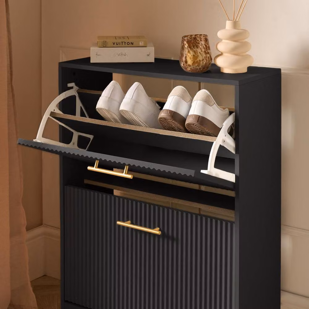 OHS Ribbed 2-Drawer Black Matt Flip Down Shoe Cabinet and Hallway Storage Unit – 2