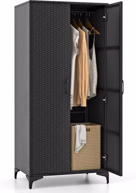 Costway Modern Black Rattan Wicker Wardrobe with Hinged Doors and Hanging Rod