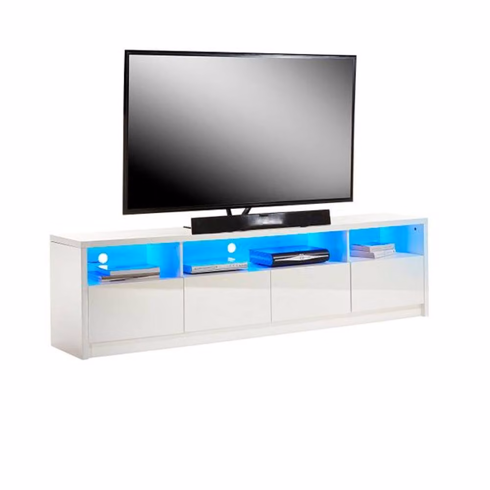 MMT Furniture Designs Ltd Modern White Gloss TV Stand Cabinet with Blue LED Lights, W: 200 cm, D: 40 cm, H: 53 cm – 4