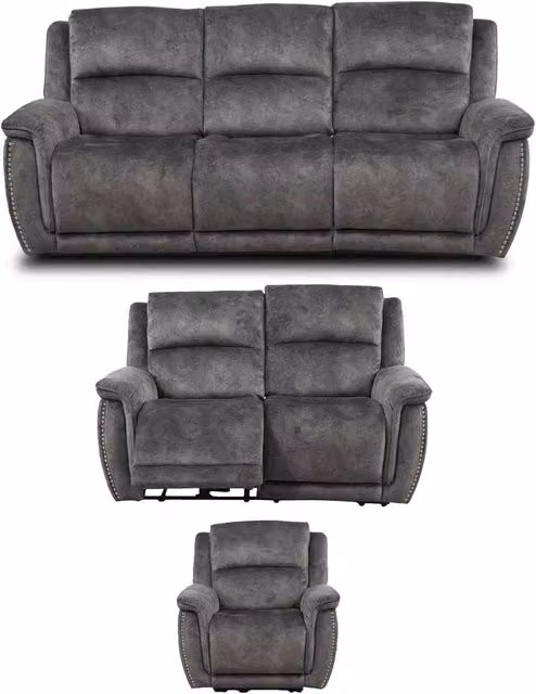 Furnishings For Less UK Mendoza Grey Plush Velvet 3 Piece Electric Reclining Sofa Suite with USB Charging