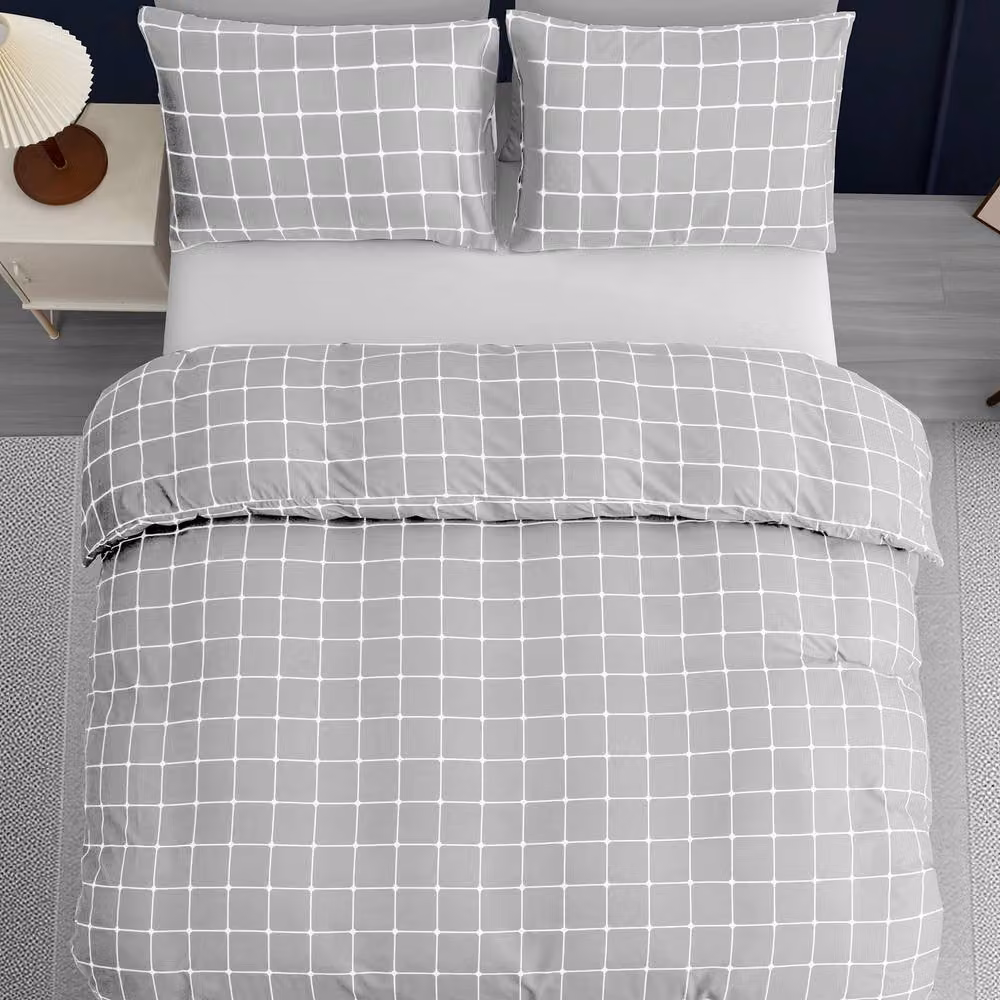 Pamposh Grey Checked Microfibre Duvet Cover and Pillowcase Set, W/D/H: 140 x 200 cm – 2
