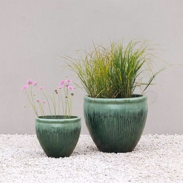 Primrose Volterra Glazed Terracotta Planter Tub in Green