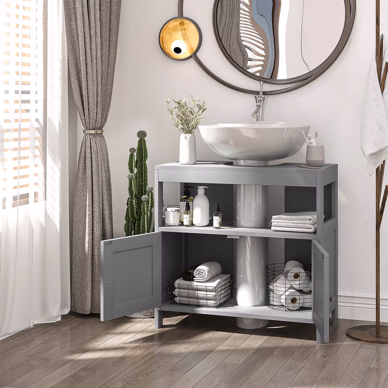 Kleankin Pedestal Under Sink Cabinet, Modern Grey Freestanding Bathroom Vanity Storage Unit with Hinged Doors and Internal Shelves – 4