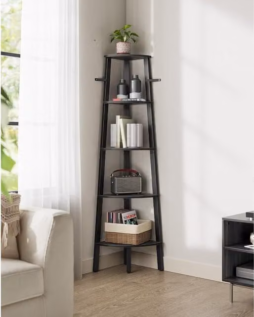 The Bazaarist 5-Tier Corner Ladder Shelf Plant Stand and Storage Unit in Charcoal Grey and Matt Black