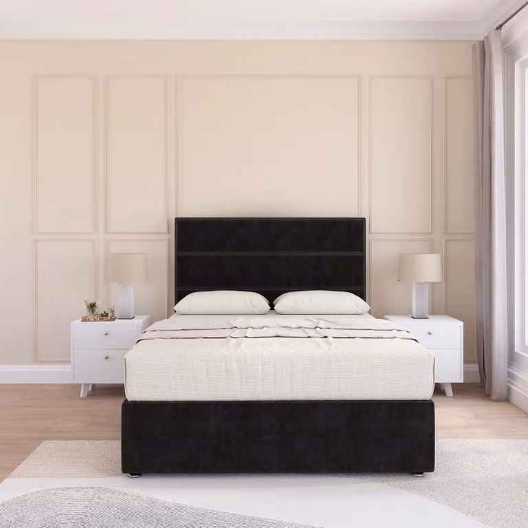 Sloomy Watson Chesterfield Upholstered Velvet Divan Bed Frame with Headboard in Black, W/D/H: 180 x 200 cm