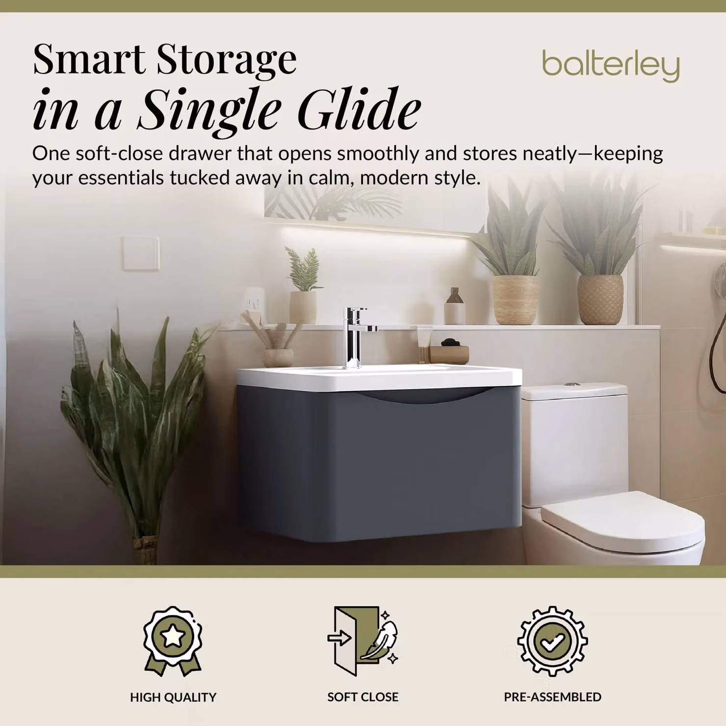 Balterley Wall Hung 1 Drawer Bathroom Vanity Unit and Basin, Dark Grey, Width: 55 cm – 2