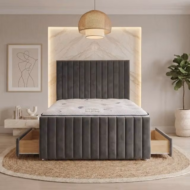 Somnior Eleanor Velvet Divan Bed with Mattress and 4 Drawers, Charcoal Grey, W/D/H: 200 x 200 cm