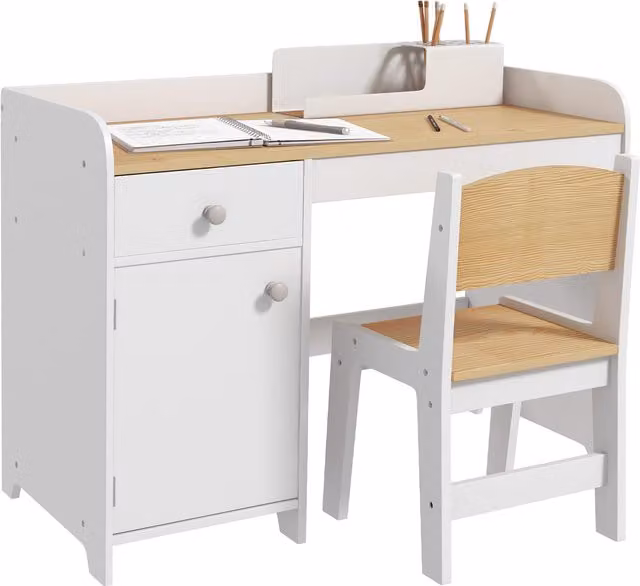 ZONEKIZ Kids Desk and Chair Set with Storage Drawer for 3-6 Year Olds, White
