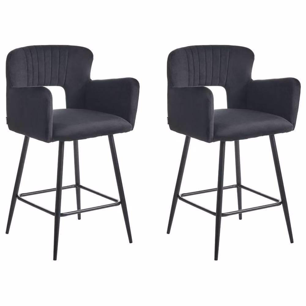 Wyld and Coco Black Velvet Counter Bar Chair with Armrests and Cutout Back – 2