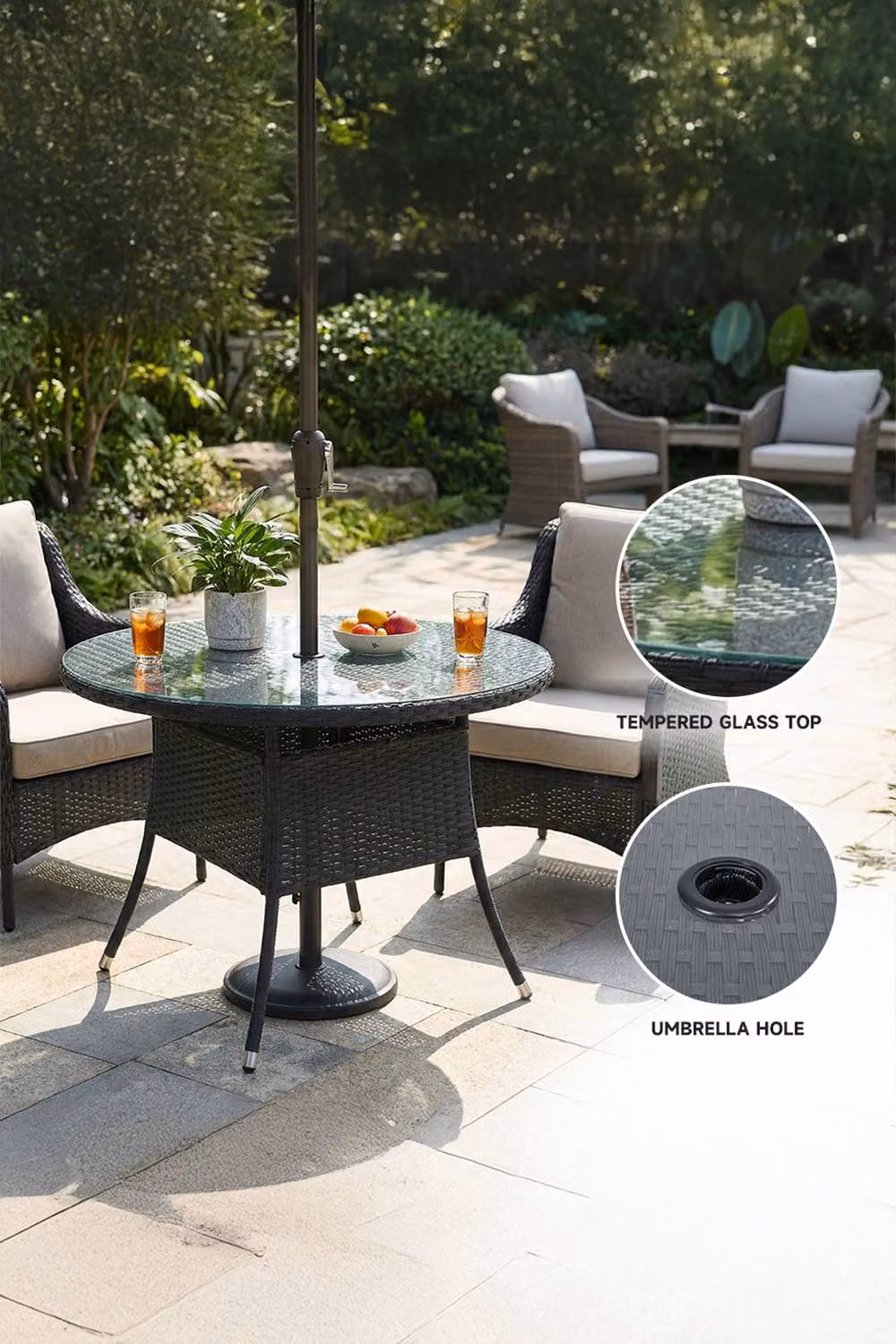 Garden Sanctuary Round Rattan Garden Table with Tempered Glass Top and Parasol Hole in Black, W/D/H: 100 x 73.5 x 73.5 cm – 2
