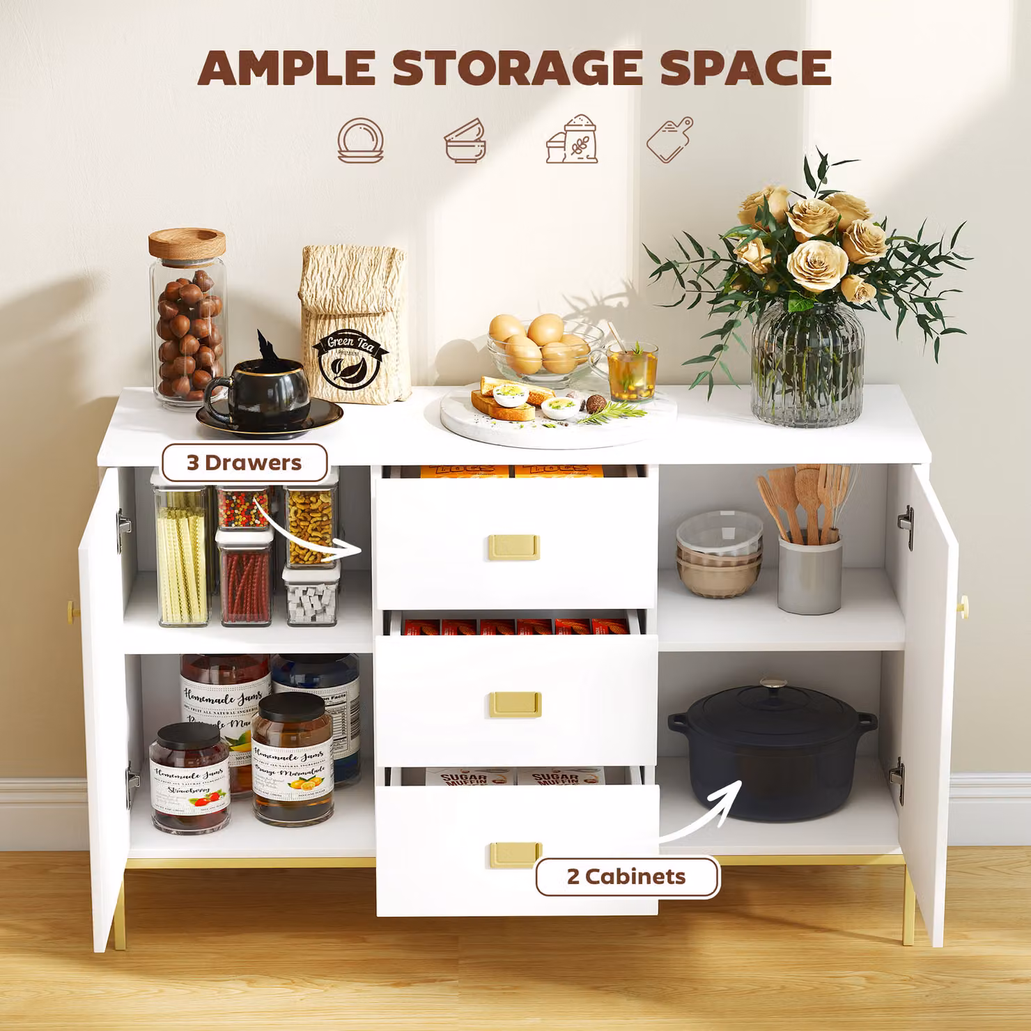 HOMCOM Modern White and Gold Sideboard W/D/H: 120 x 35.6 x 77 cm – 3