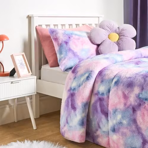 OHS Tie Dye Teddy Fleece 10.5 Tog Coverless Single Duvet and Pillowcase Set, Multicolour Purple, W/D/H: 135 x 200 cm – 3