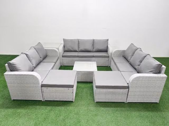 Fimous 11 Seater PE Rattan Outdoor Garden Furniture Set in Light Grey with 3 Seater Sofa, Coffee Table and Ottomans