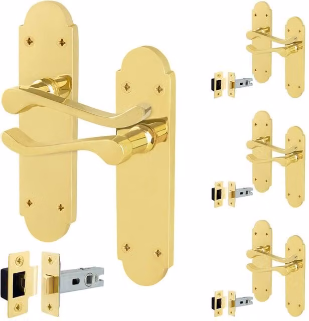 AFIT Polished Brass Door Handles with Latch, 4 Pairs in Gold, W/D/H: 15 x 15 cm – 1